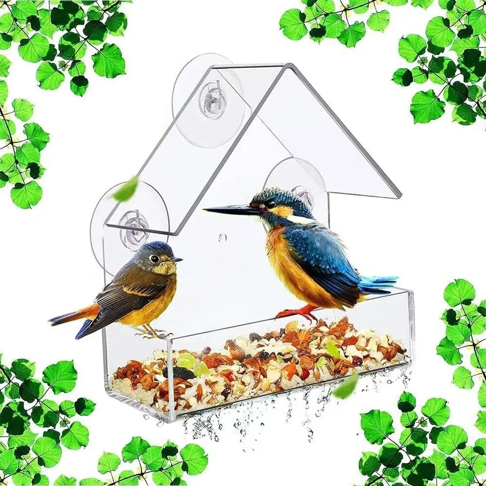 Acrylic Bird Feeder Clear Window Outside Hanging Bird Feeder House with Suction Cup for Garden Outdoor Backyard Wildlife Birding Leedoar