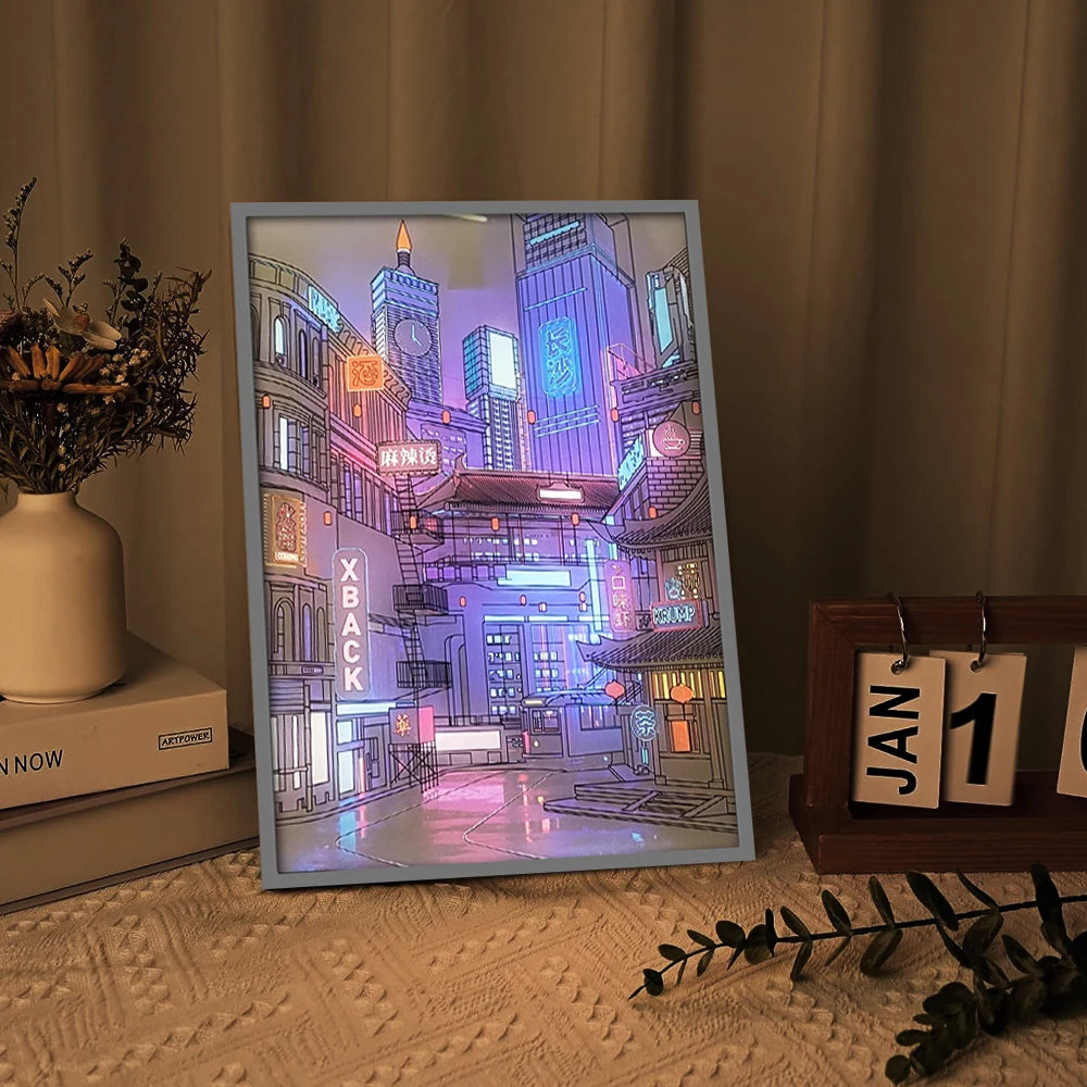 Anime LED Bela Cidade Vista Noturna Pintura de Luz, Imagem HD Moldura Estreita Plugue USB Escurecimento Romântico Decoração de Casa Lâmpada Noturna 