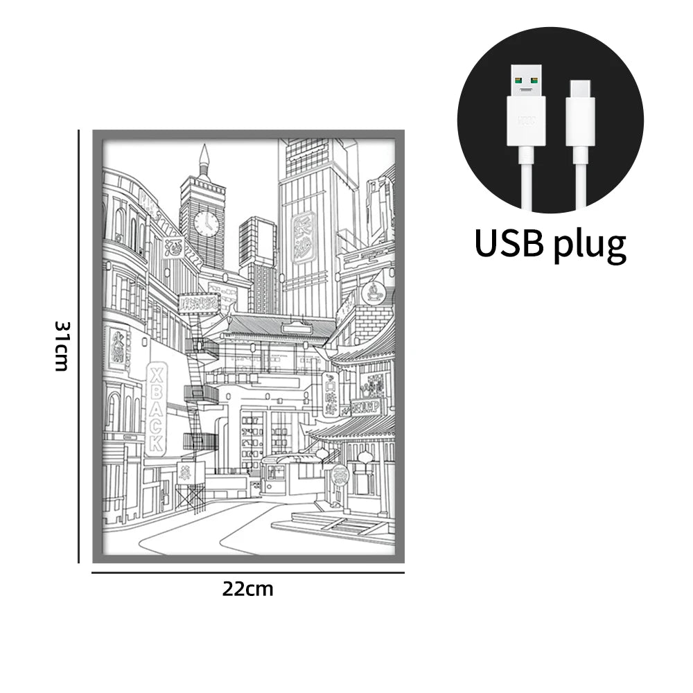 Anime LED Bela Cidade Vista Noturna Pintura de Luz, Imagem HD Moldura Estreita Plugue USB Escurecimento Romântico Decoração de Casa Lâmpada Noturna 