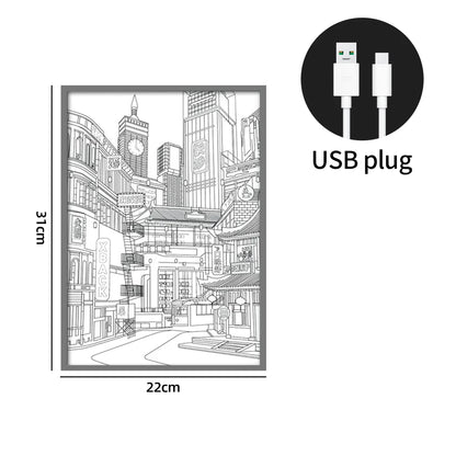 Anime LED Bela Cidade Vista Noturna Pintura de Luz, Imagem HD Moldura Estreita Plugue USB Escurecimento Romântico Decoração de Casa Lâmpada Noturna 