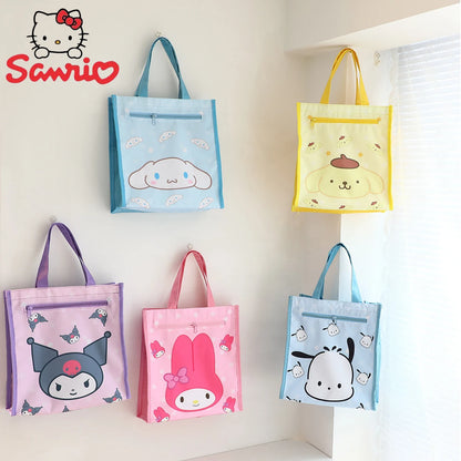 Anime Sanrio Hello Kitty Melody Bolsa de ensino à prova d'água Cinnamoroll Kuromi Bolsa tote de camada dupla Art Pack Bolsa de compras Presentes 