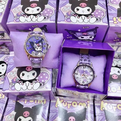 Reloj electrónico de cuero PU Anime Sanrio Kulomi con diseño de perro de orejas grandes y melodía para niños, regalo con caja de regalo 