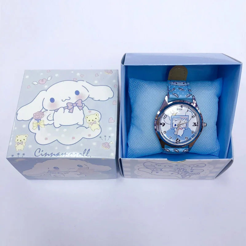 Reloj electrónico de cuero PU Anime Sanrio Kulomi con diseño de perro de orejas grandes y melodía para niños, regalo con caja de regalo 