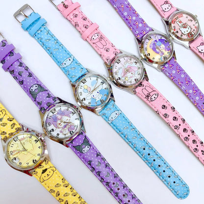 Reloj electrónico de cuero PU Anime Sanrio Kulomi con diseño de perro de orejas grandes y melodía para niños, regalo con caja de regalo 