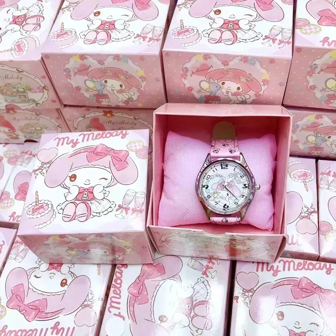 Reloj electrónico de cuero PU Anime Sanrio Kulomi con diseño de perro de orejas grandes y melodía para niños, regalo con caja de regalo 