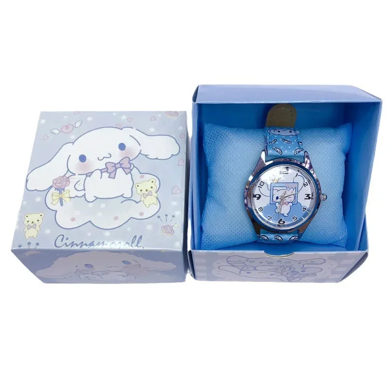 Reloj electrónico de cuero PU Anime Sanrio Kulomi con diseño de perro de orejas grandes y melodía para niños, regalo con caja de regalo 