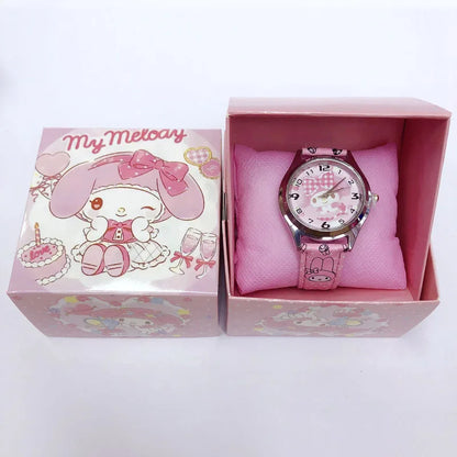 Reloj electrónico de cuero PU Anime Sanrio Kulomi con diseño de perro de orejas grandes y melodía para niños, regalo con caja de regalo 