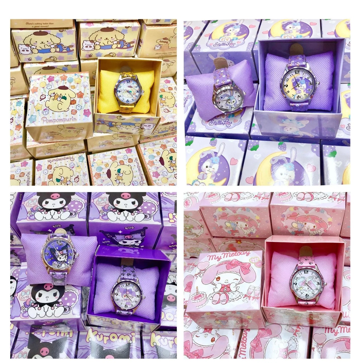 Reloj electrónico de cuero PU Anime Sanrio Kulomi con diseño de perro de orejas grandes y melodía para niños, regalo con caja de regalo 