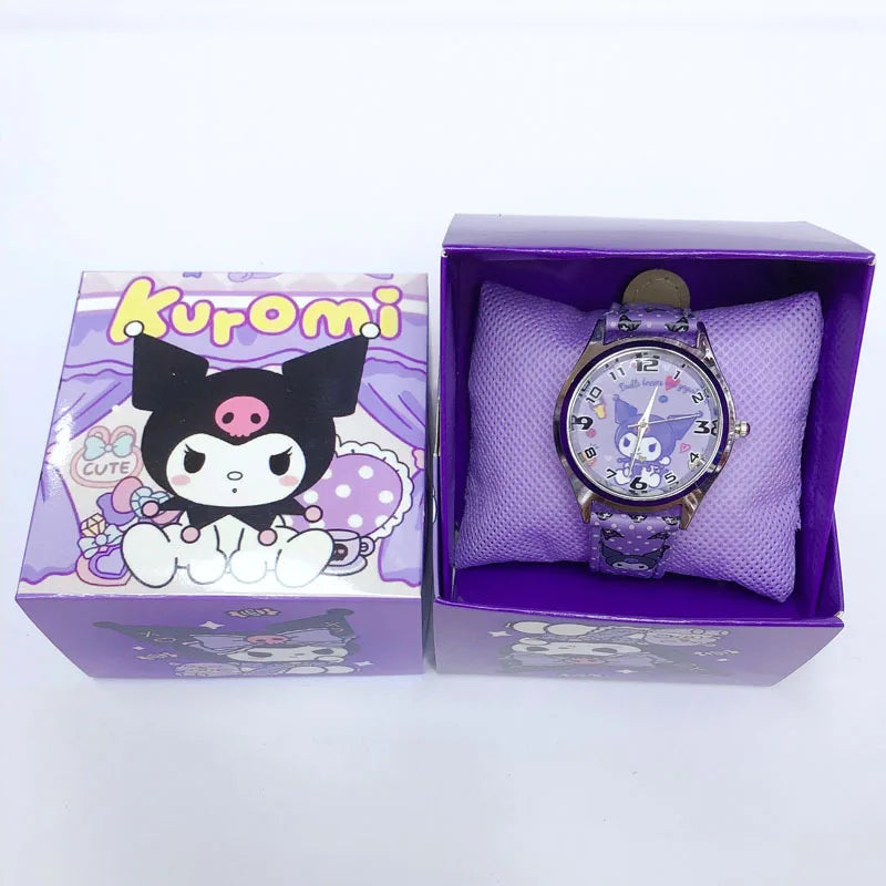 Reloj electrónico de cuero PU Anime Sanrio Kulomi con diseño de perro de orejas grandes y melodía para niños, regalo con caja de regalo 