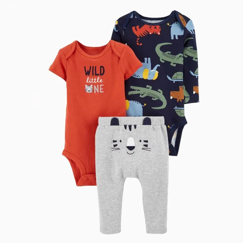 Autumn Spring Baby Boys Clothes Sets 100% Cotton Cartoon Kids Outfit Bodysuit Top And Bottom 3Pcs Animals Children Clothing Suit Leedoar