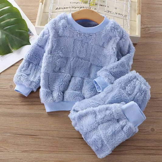 Autumn Winter Sleepwear Flannel Pajamas For Girls Boys Long Sleeve Tops+Pants Suits Fashion Home Clothing Baby Kid Sleep Costume Leedoar