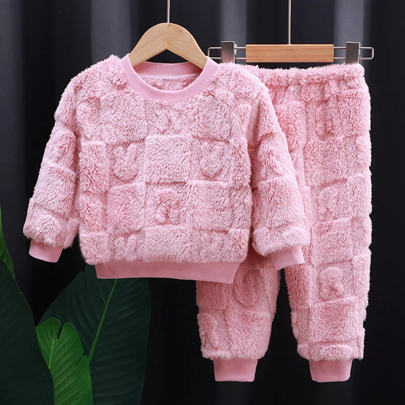 Autumn Winter Sleepwear Flannel Pajamas For Girls Boys Long Sleeve Tops+Pants Suits Fashion Home Clothing Baby Kid Sleep Costume