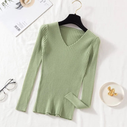 Autumn Winter Women Sweaters Casual Long Sleeve Knitted V Neck Pullover Sweater Femme Basic Solid Jersey Tops Fashion Clothes Leedoar