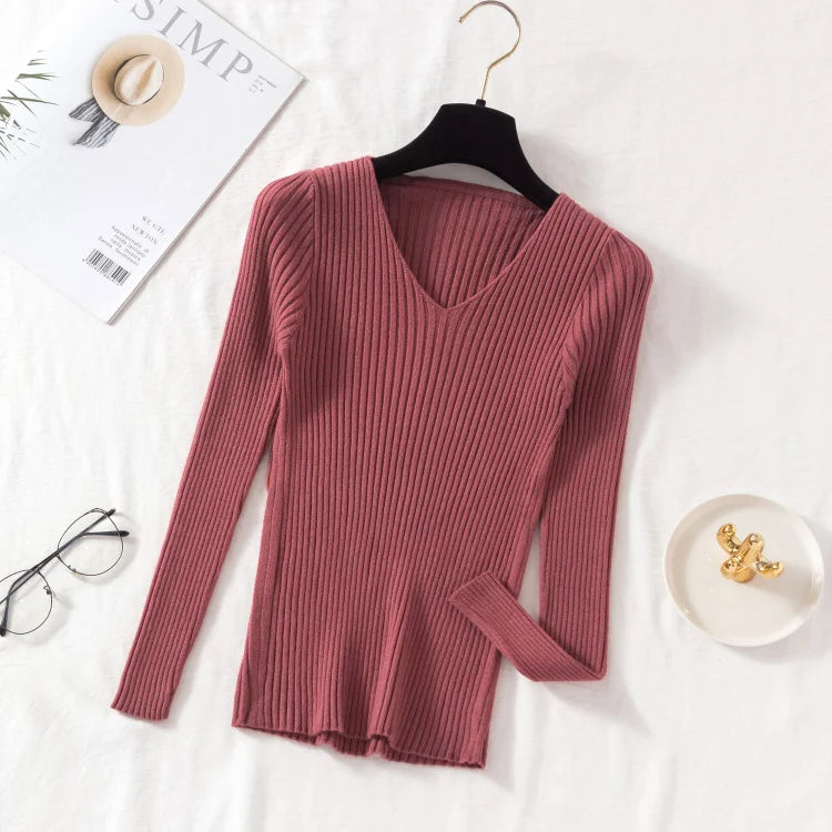 Autumn Winter Women Sweaters Casual Long Sleeve Knitted V Neck Pullover Sweater Femme Basic Solid Jersey Tops Fashion Clothes Leedoar