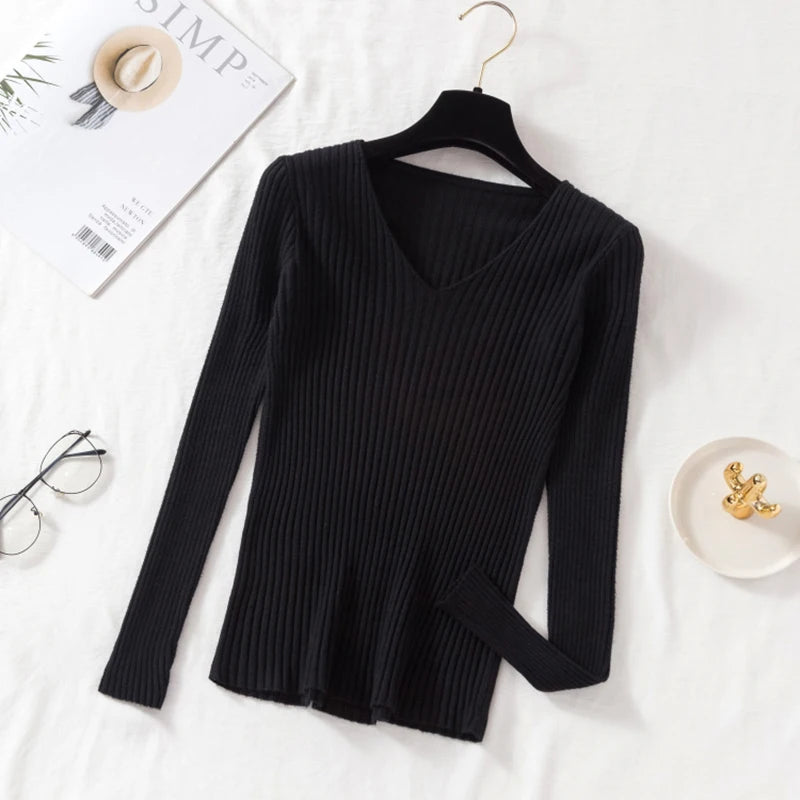 Autumn Winter Women Sweaters Casual Long Sleeve Knitted V Neck Pullover Sweater Femme Basic Solid Jersey Tops Fashion Clothes Leedoar