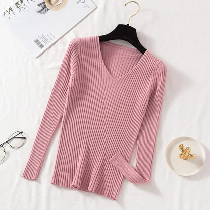 Autumn Winter Women Sweaters Casual Long Sleeve Knitted V Neck Pullover Sweater Femme Basic Solid Jersey Tops Fashion Clothes Leedoar