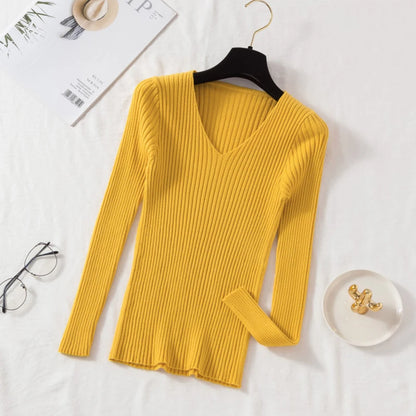 Autumn Winter Women Sweaters Casual Long Sleeve Knitted V Neck Pullover Sweater Femme Basic Solid Jersey Tops Fashion Clothes Leedoar