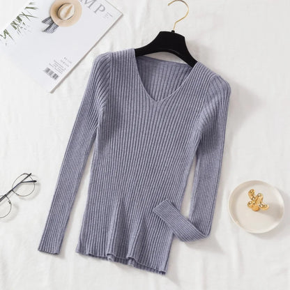 Autumn Winter Women Sweaters Casual Long Sleeve Knitted V Neck Pullover Sweater Femme Basic Solid Jersey Tops Fashion Clothes Leedoar