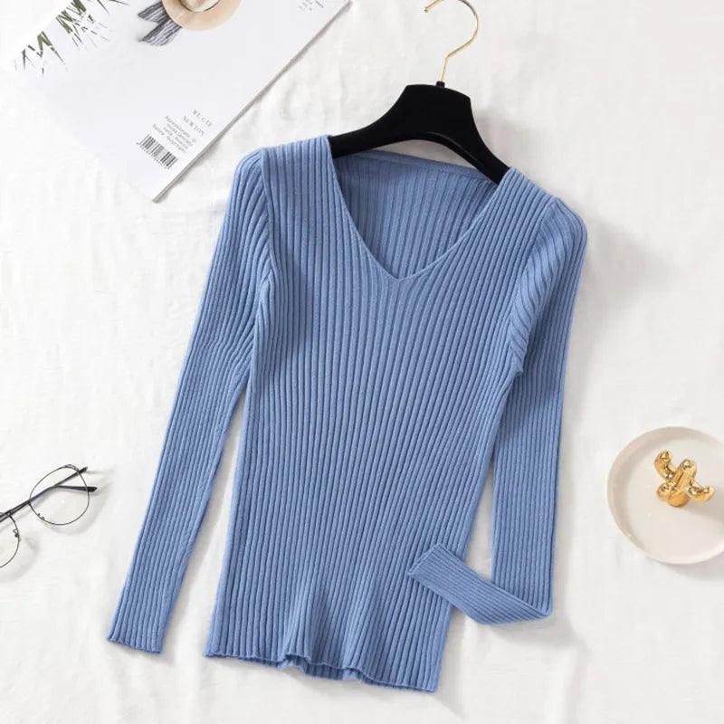 Autumn Winter Women Sweaters Casual Long Sleeve Knitted V Neck Pullover Sweater Femme Basic Solid Jersey Tops Fashion Clothes Leedoar