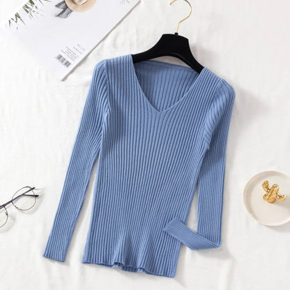 Autumn Winter Women Sweaters Casual Long Sleeve Knitted V Neck Pullover Sweater Femme Basic Solid Jersey Tops Fashion Clothes Leedoar