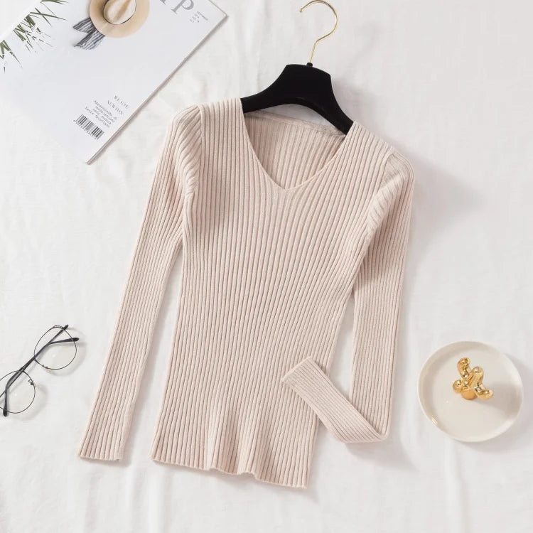 Autumn Winter Women Sweaters Casual Long Sleeve Knitted V Neck Pullover Sweater Femme Basic Solid Jersey Tops Fashion Clothes Leedoar