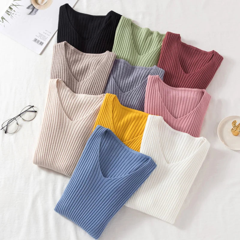 Autumn Winter Women Sweaters Casual Long Sleeve Knitted V Neck Pullover Sweater Femme Basic Solid Jersey Tops Fashion Clothes Leedoar