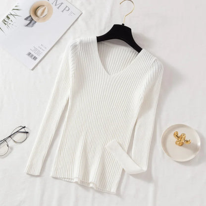 Autumn Winter Women Sweaters Casual Long Sleeve Knitted V Neck Pullover Sweater Femme Basic Solid Jersey Tops Fashion Clothes Leedoar