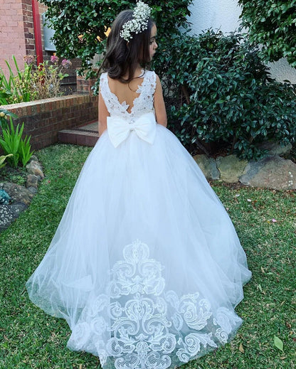 BABYONLINE Vestidos de tul con encaje para niña de 3 a 9 años, vestidos de princesa para niña, fiesta de bodas, vestido de dama de honor de cola larga 