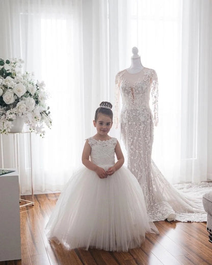 BABYONLINE 3-9 Years Lace Tulle Flower Girl Dresses Princess for Kid Child Wedding Party Long Train Junior Bridesmaid Gown