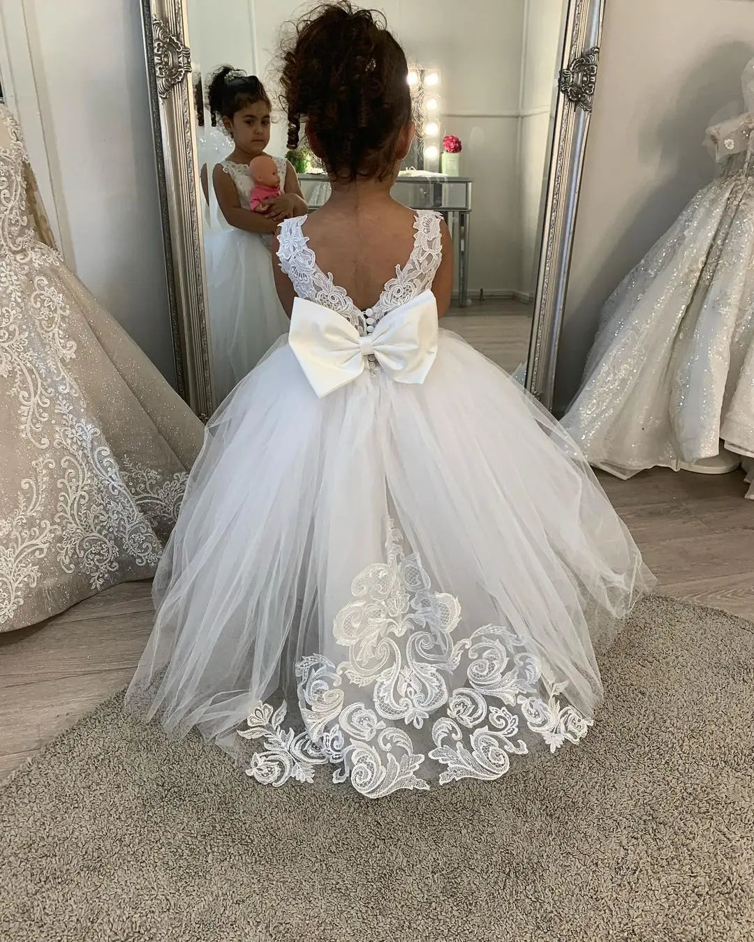 BABYONLINE Vestidos de tul con encaje para niña de 3 a 9 años, vestidos de princesa para niña, fiesta de bodas, vestido de dama de honor de cola larga 