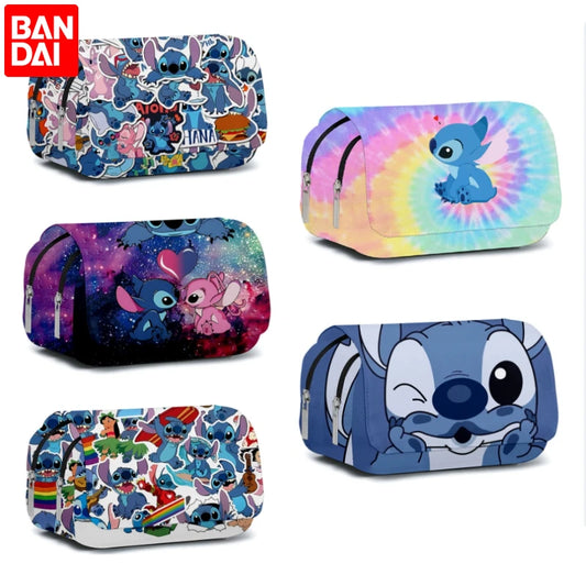 BANDAI Stitch Fully Printed Flap Pen Bag Stationery Box Cartoon Large Capacity Pencil Case Cute Anime Bags Student School Bag Leedoar