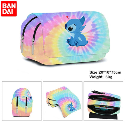 Bolsa para caneta com aba totalmente impressa BANDAI Stitch, caixa de papelaria, desenho animado, grande capacidade, estojo para lápis, bolsas fofas de anime, bolsa escolar para estudantes 