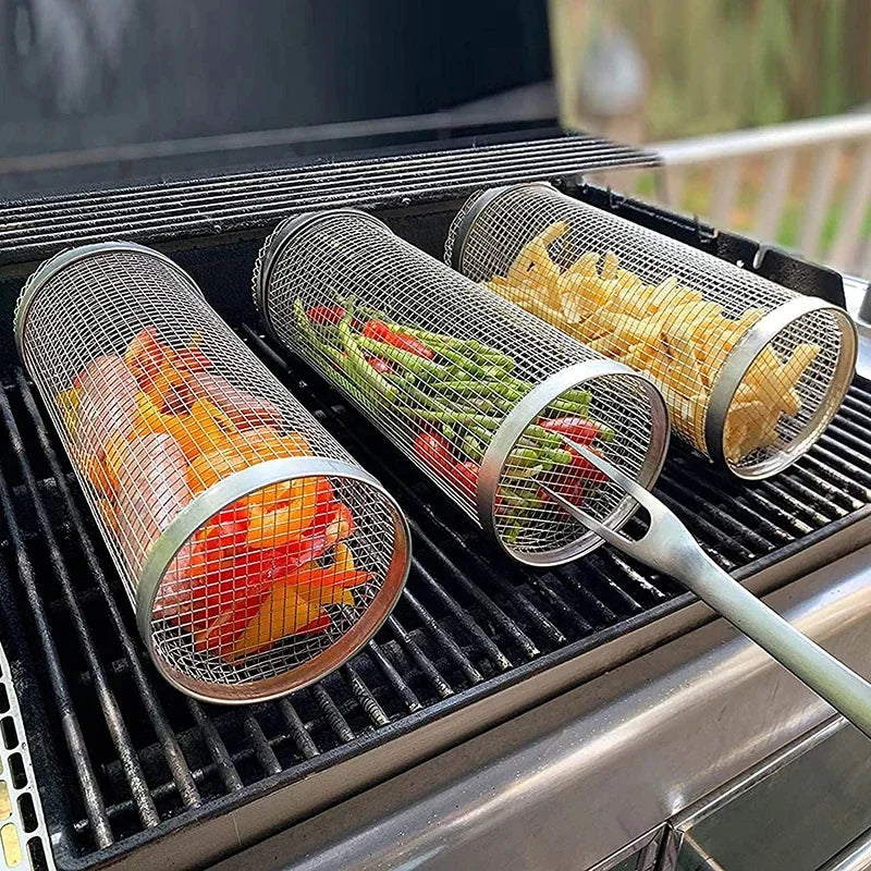 BBQ Grill Basket, Rolling Grilling Basket, Stainless Steel Grill Mesh Barbeque Grill Accessories forOutdoorOutdoor rolling grill Leedoar