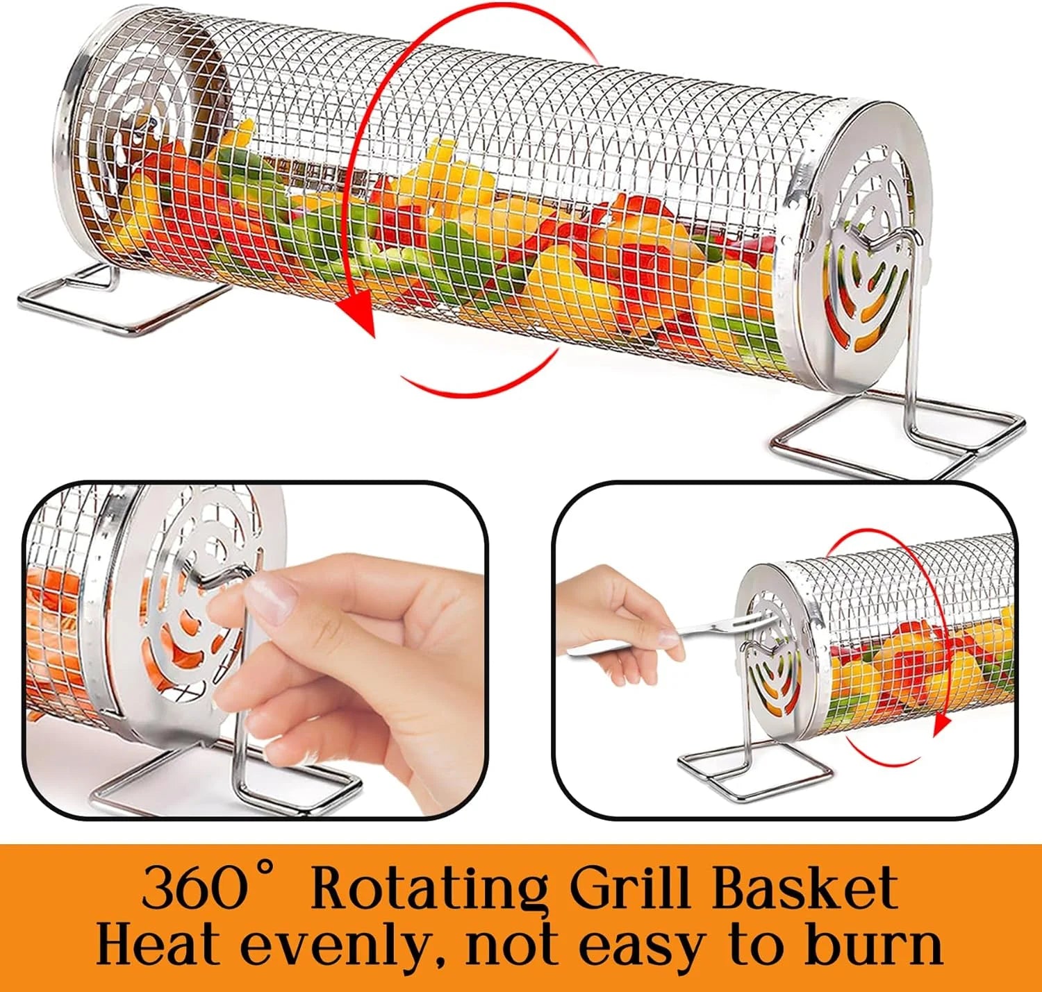 BBQ Grill Basket, Rolling Grilling Basket, Stainless Steel Grill Mesh Barbeque Grill Accessories forOutdoorOutdoor rolling grill Leedoar