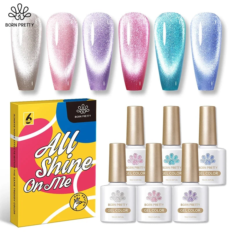 BORN PRETTY - Juego de 6 esmaltes de gel magnéticos Sea Blue Cat de 10 ml, efecto Snowlight plateado brillante, semipermanentes, gel UV remojo 