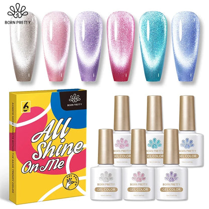 BORN PRETTY 10ML Sea Blue Cat Conjunto de esmaltes em gel magnético 6 frascos Sparking Silver Snowlight Effect Gel UV semipermanente Soak Off 