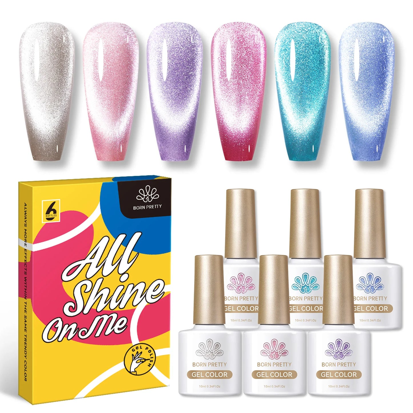 BORN PRETTY - Juego de 6 esmaltes de gel magnéticos Sea Blue Cat de 10 ml, efecto Snowlight plateado brillante, semipermanentes, gel UV remojo 