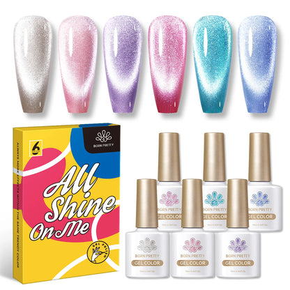 BORN PRETTY - Juego de 6 esmaltes de gel magnéticos Sea Blue Cat de 10 ml, efecto Snowlight plateado brillante, semipermanentes, gel UV remojo 