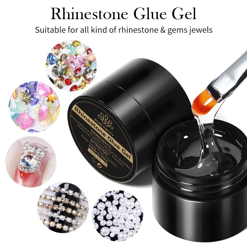 BORN PRETTY 3PCS Rhinestones Glue Gel Set Mirror Nail Powder With Nail Liner Brush UV LED Transparent Adhensive Glue Gel Leedoar