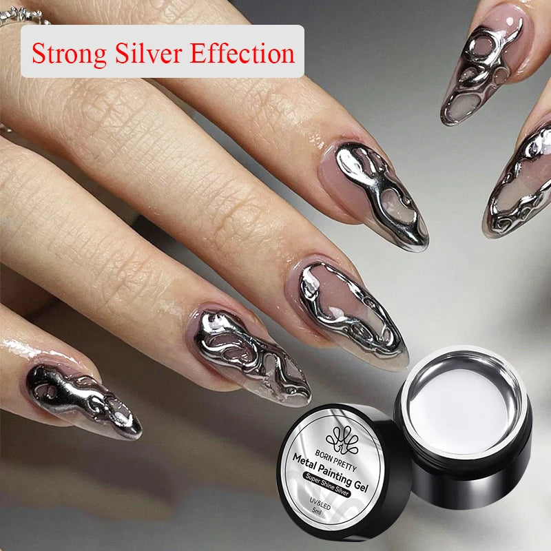 BORN PRETTY Sliver Metal Effect Line Flower Drawing Gel Soak Off Transparent Colors 5g Painting Gel Polish UV Nail Art Gel Varni Leedoar