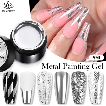 BORN PRETTY Sliver Metal Effect Line Flower Drawing Gel Soak Off Transparent Colors 5g Painting Gel Polish UV Nail Art Gel Varni Leedoar