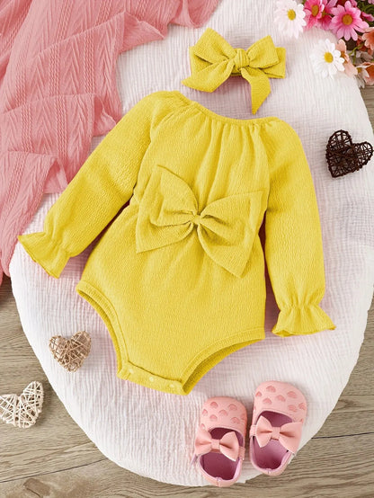 Baby Baby Spring and Autumn Cute Fashion Sweet Foreign Style Bow Pink Long Sleeve Onesie + Kerchief Baby Two-piece Set Leedoar