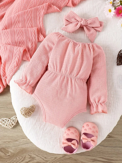 Baby Baby Spring and Autumn Cute Fashion Sweet Foreign Style Bow Pink Long Sleeve Onesie + Kerchief Baby Two-piece Set Leedoar