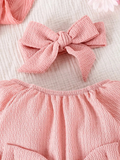 Baby Baby Spring and Autumn Cute Fashion Sweet Foreign Style Bow Pink Long Sleeve Onesie + Kerchief Baby Two-piece Set Leedoar