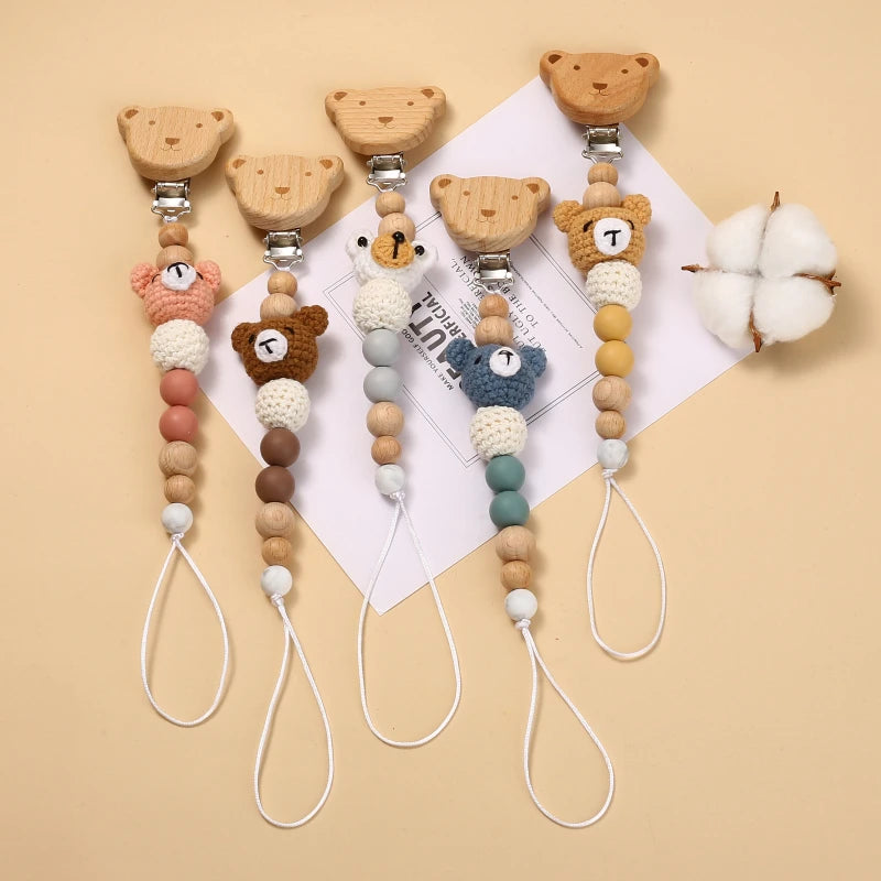 Baby Beech Wood Pacifier Clip Cartoon Animal Crochet Beads Silicone Nipple Chain For Teether Nursing Toys Baby Pacifier Chain Leedoar