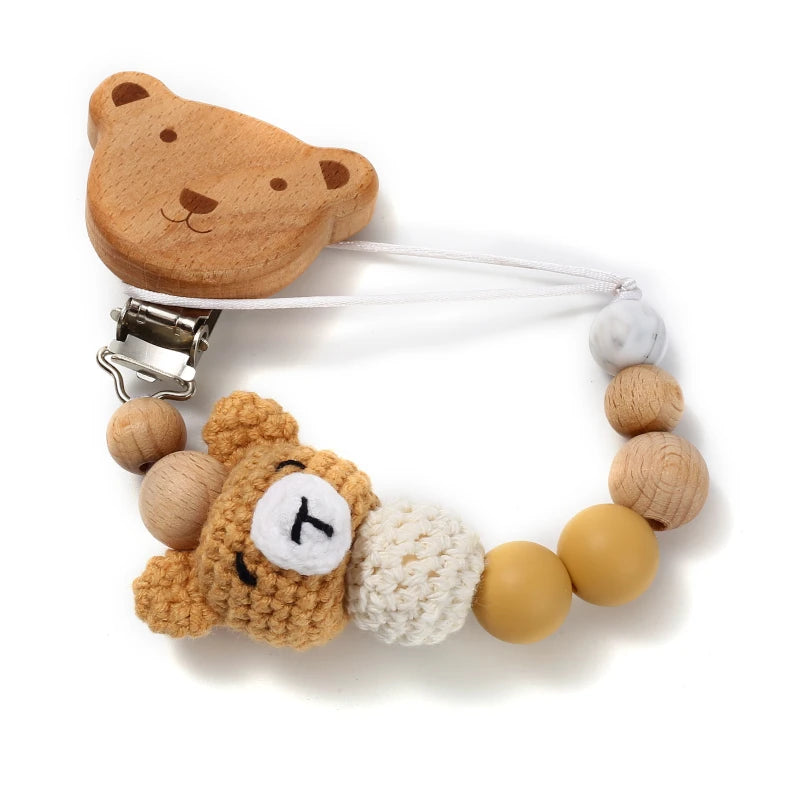 Baby Beech Wood Pacifier Clip Cartoon Animal Crochet Beads Silicone Nipple Chain For Teether Nursing Toys Baby Pacifier Chain Leedoar