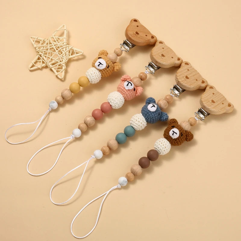 Baby Beech Wood Pacifier Clip Cartoon Animal Crochet Beads Silicone Nipple Chain For Teether Nursing Toys Baby Pacifier Chain Leedoar