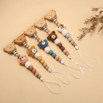 Baby Beech Wood Pacifier Clip Cartoon Animal Crochet Beads Silicone Nipple Chain For Teether Nursing Toys Baby Pacifier Chain Leedoar