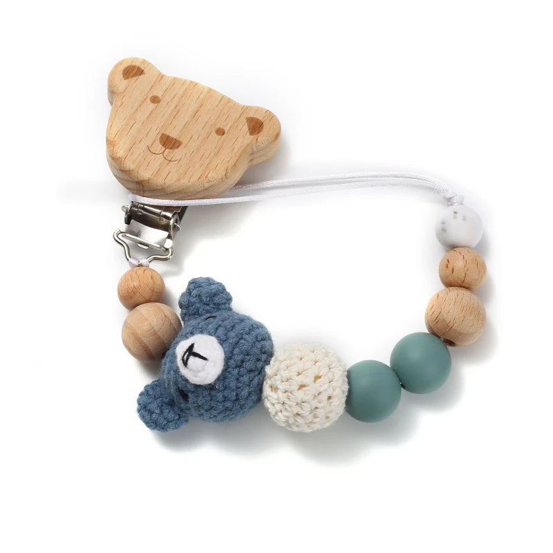 Baby Beech Wood Pacifier Clip Cartoon Animal Crochet Beads Silicone Nipple Chain For Teether Nursing Toys Baby Pacifier Chain Leedoar