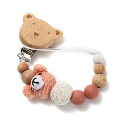 Baby Beech Wood Pacifier Clip Cartoon Animal Crochet Beads Silicone Nipple Chain For Teether Nursing Toys Baby Pacifier Chain Leedoar